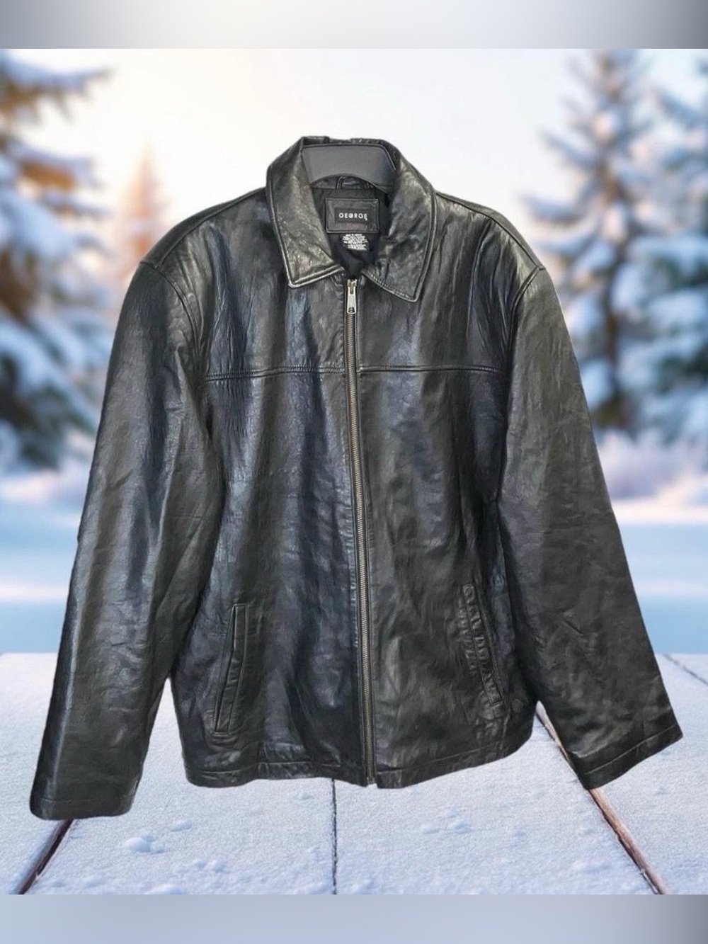 George Black Leather Bomber Jacket with Zip Front